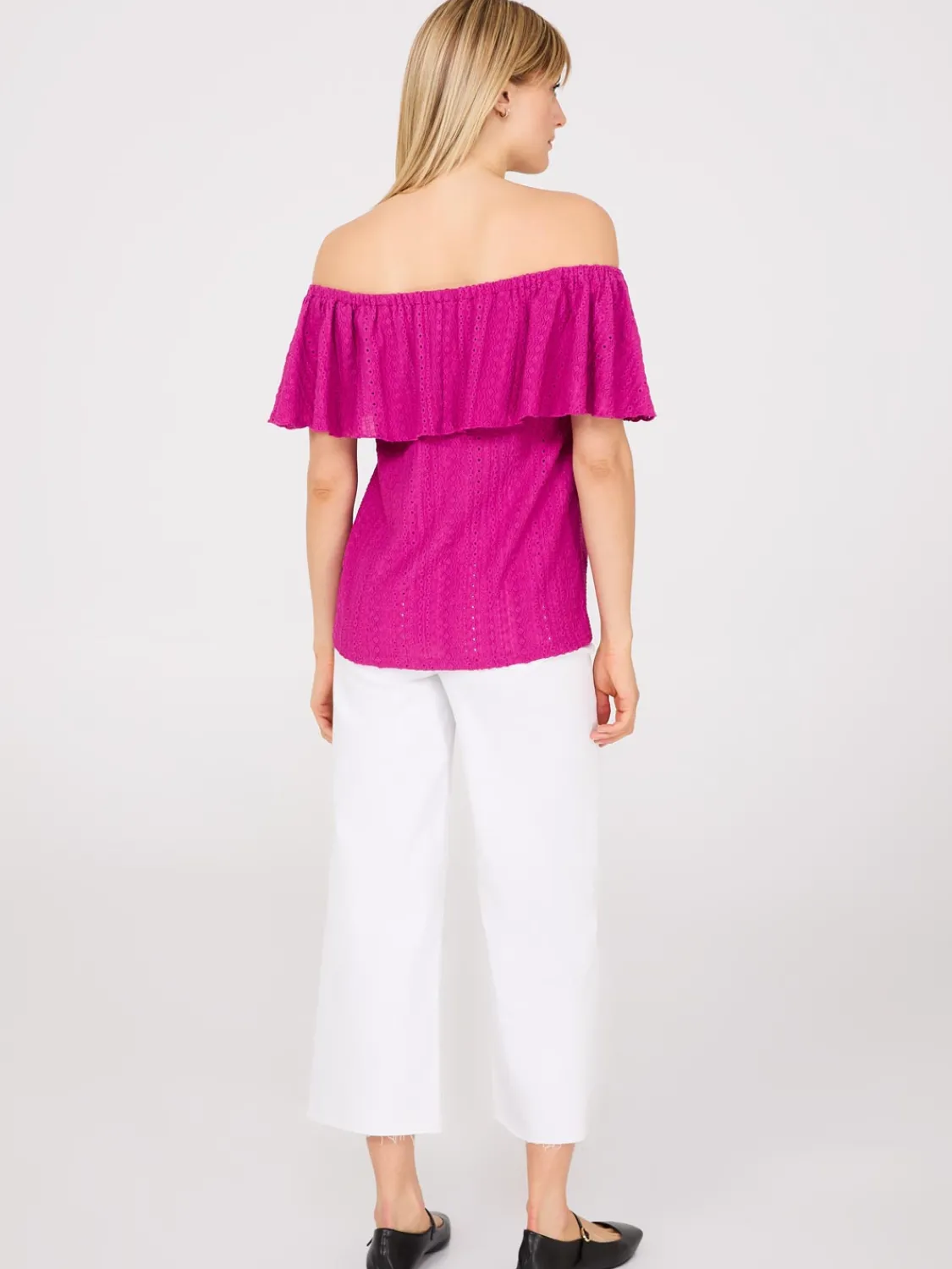 Suzy Shier Tops|Short Sleeve>Eyelet Textured Off-The-Shoulder Top