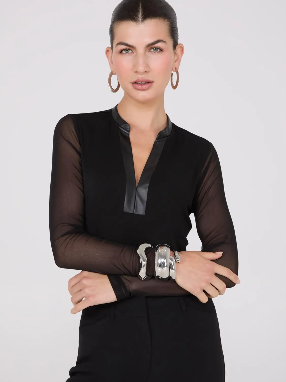 Suzy Shier Tops|Long Sleeve>Faux Leather Collared Top With Mesh Sleeves