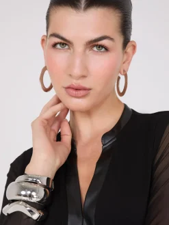 Suzy Shier Tops|Long Sleeve>Faux Leather Collared Top With Mesh Sleeves
