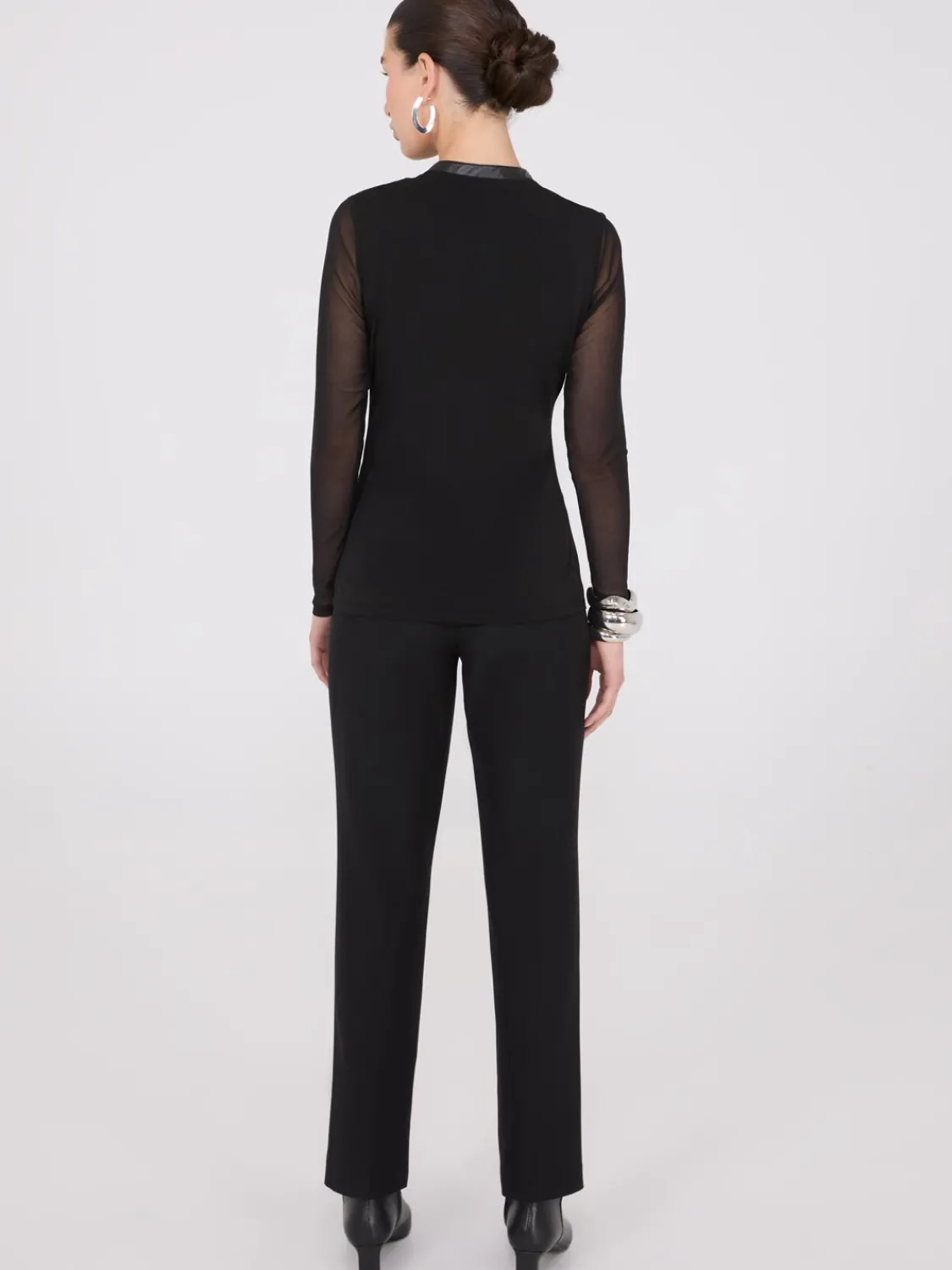 Suzy Shier Tops|Long Sleeve>Faux Leather Collared Top With Mesh Sleeves