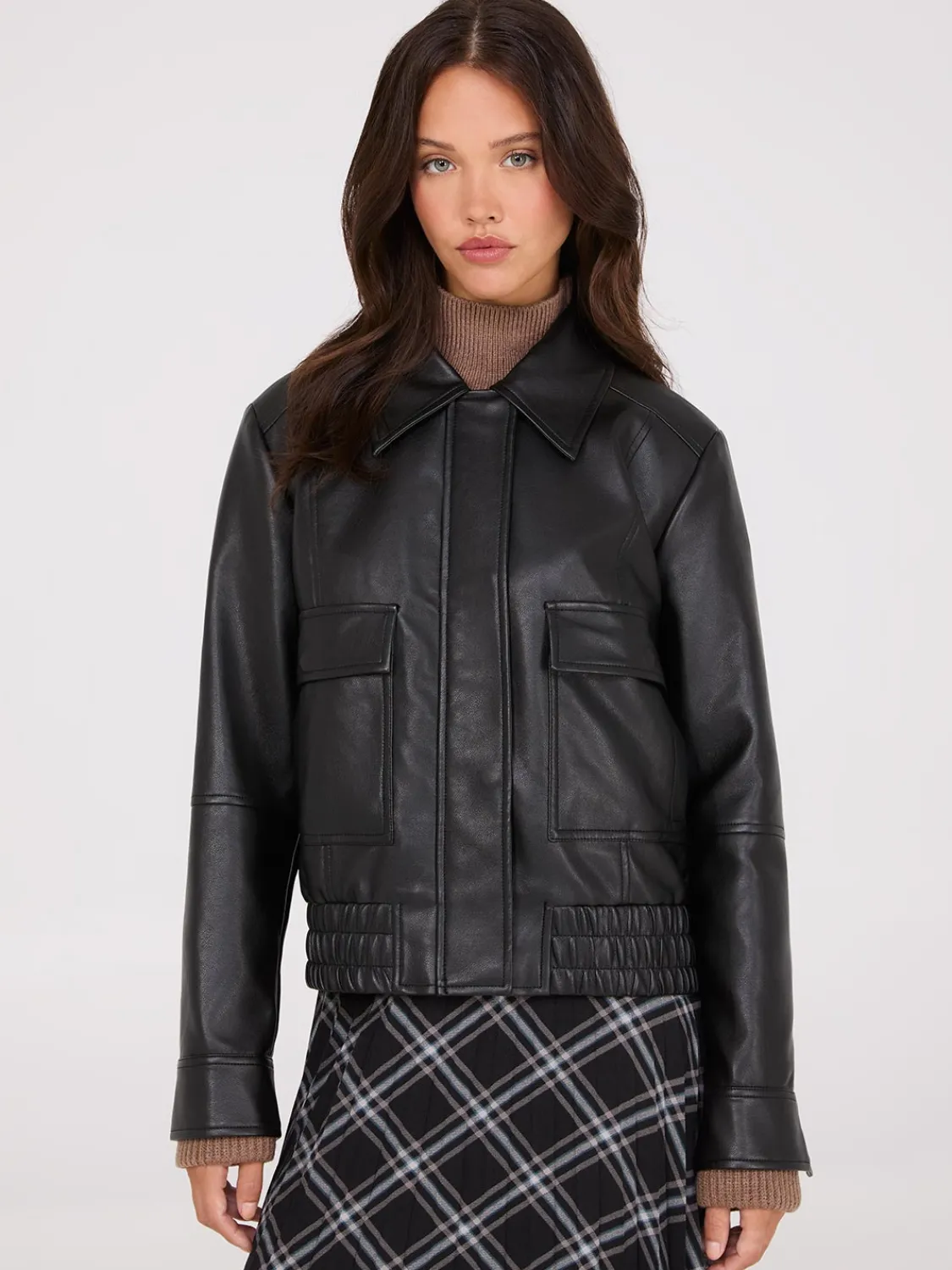 Suzy Shier Puffers & Jackets|Puffers & Jackets>Faux Leather Jacket With Shearling Collar