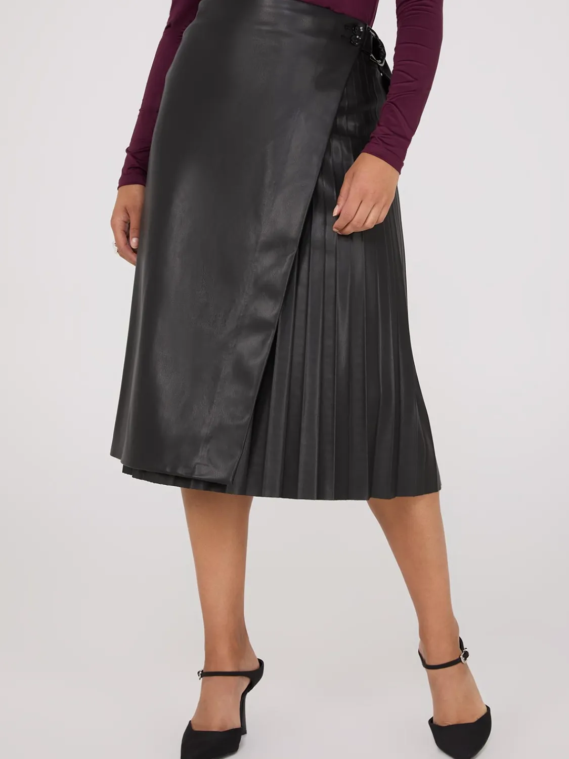 Suzy Shier Skirts>Faux Leather Wrap Midi Skirt