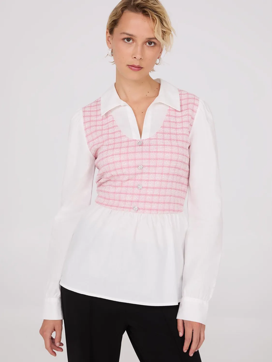Suzy Shier Tops|Long Sleeve>2-Fer Plaid Boucle Vest With Blouse