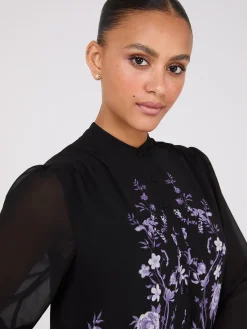 Suzy Shier Tops|Long Sleeve>Floral Print Chiffon Button-Front Flowy Blouse