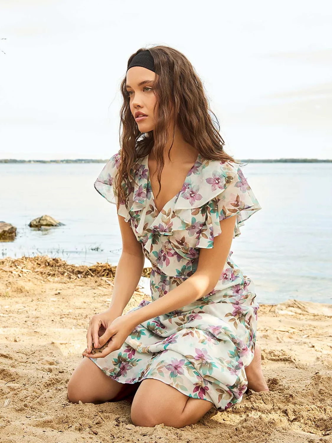 Suzy Shier Casual Dresses|Midi & Maxi>Floral Print Chiffon Midi Dress With Ruffle Details