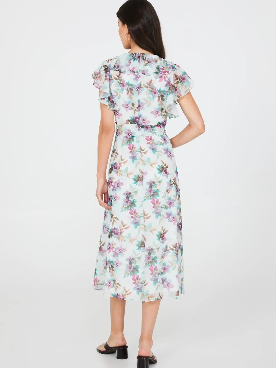 Suzy Shier Casual Dresses|Midi & Maxi>Floral Print Chiffon Midi Dress With Ruffle Details