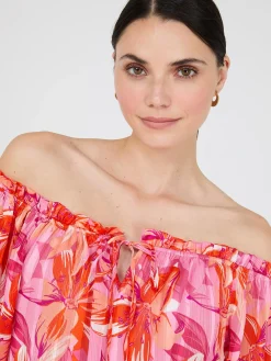 Suzy Shier Tops|Long Sleeve>Floral Print Chiffon Off-The-Shoulder Blouse
