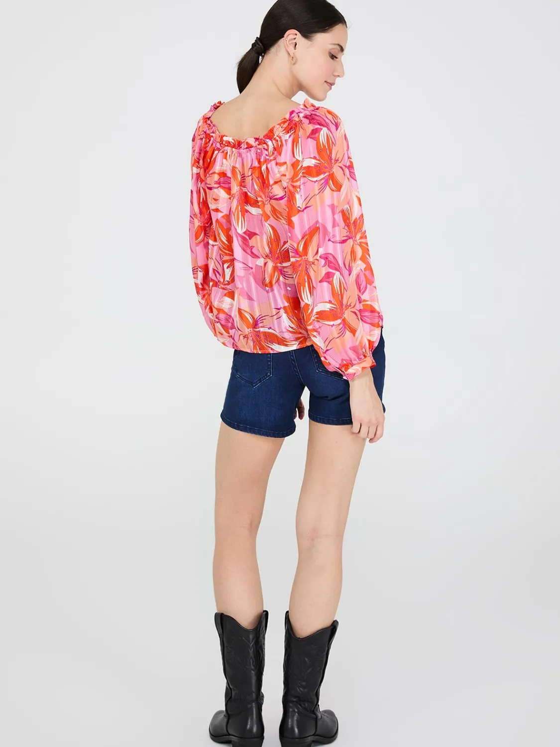 Suzy Shier Tops|Long Sleeve>Floral Print Chiffon Off-The-Shoulder Blouse