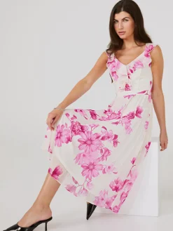 Suzy Shier Midi & Maxi>Floral Print Chiffon Ruffle Midi Dress