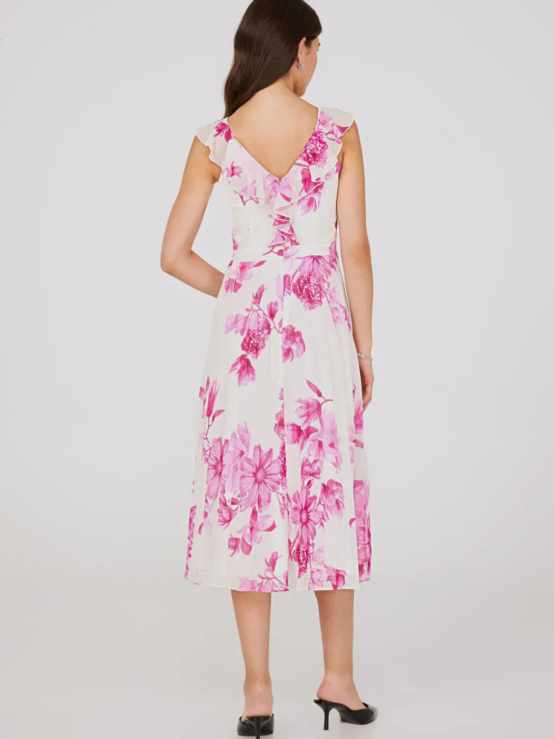 Suzy Shier Midi & Maxi>Floral Print Chiffon Ruffle Midi Dress
