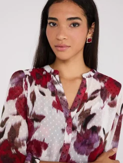 Suzy Shier Tops|Long Sleeve>Floral Print Chiffon Tie Neck Blouse