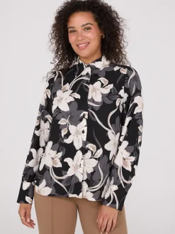 Suzy Shier Tops|Long Sleeve>Floral Print Crepe Chiffon Button-Front Blouse