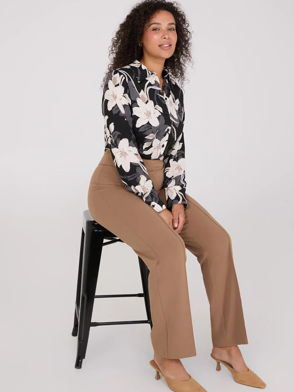 Suzy Shier Tops|Long Sleeve>Floral Print Crepe Chiffon Button-Front Blouse
