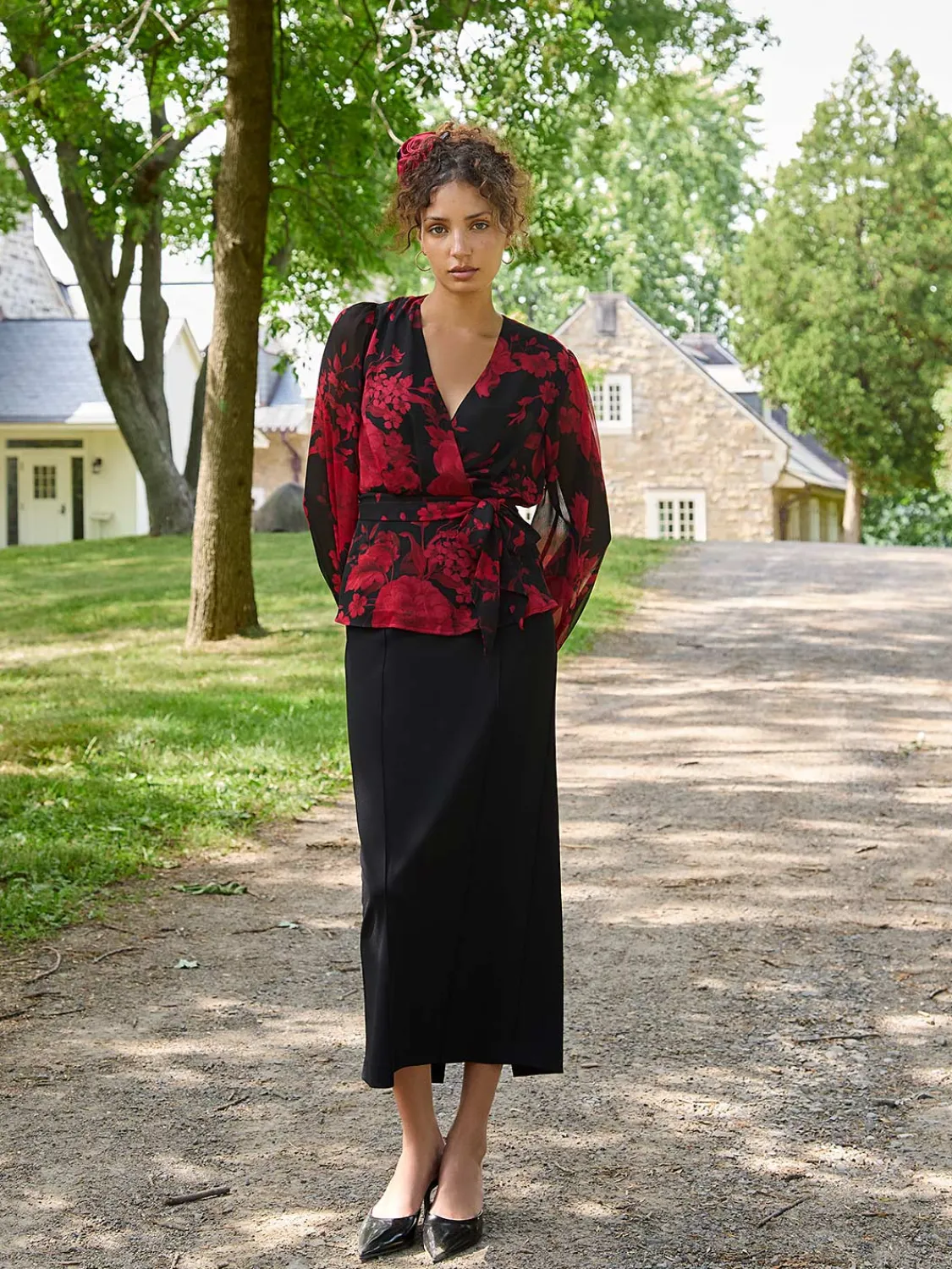 Suzy Shier Tops|Long Sleeve>Floral Print Faux Wrap Blouse