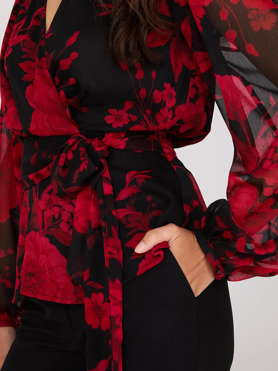 Suzy Shier Tops|Long Sleeve>Floral Print Faux Wrap Blouse