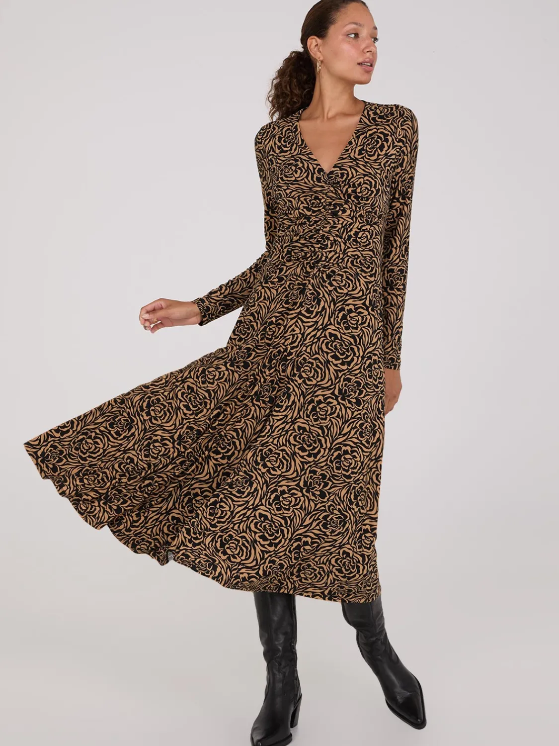 Suzy Shier Casual Dresses|Work Dresses>Floral Print Gathered Midi Dress