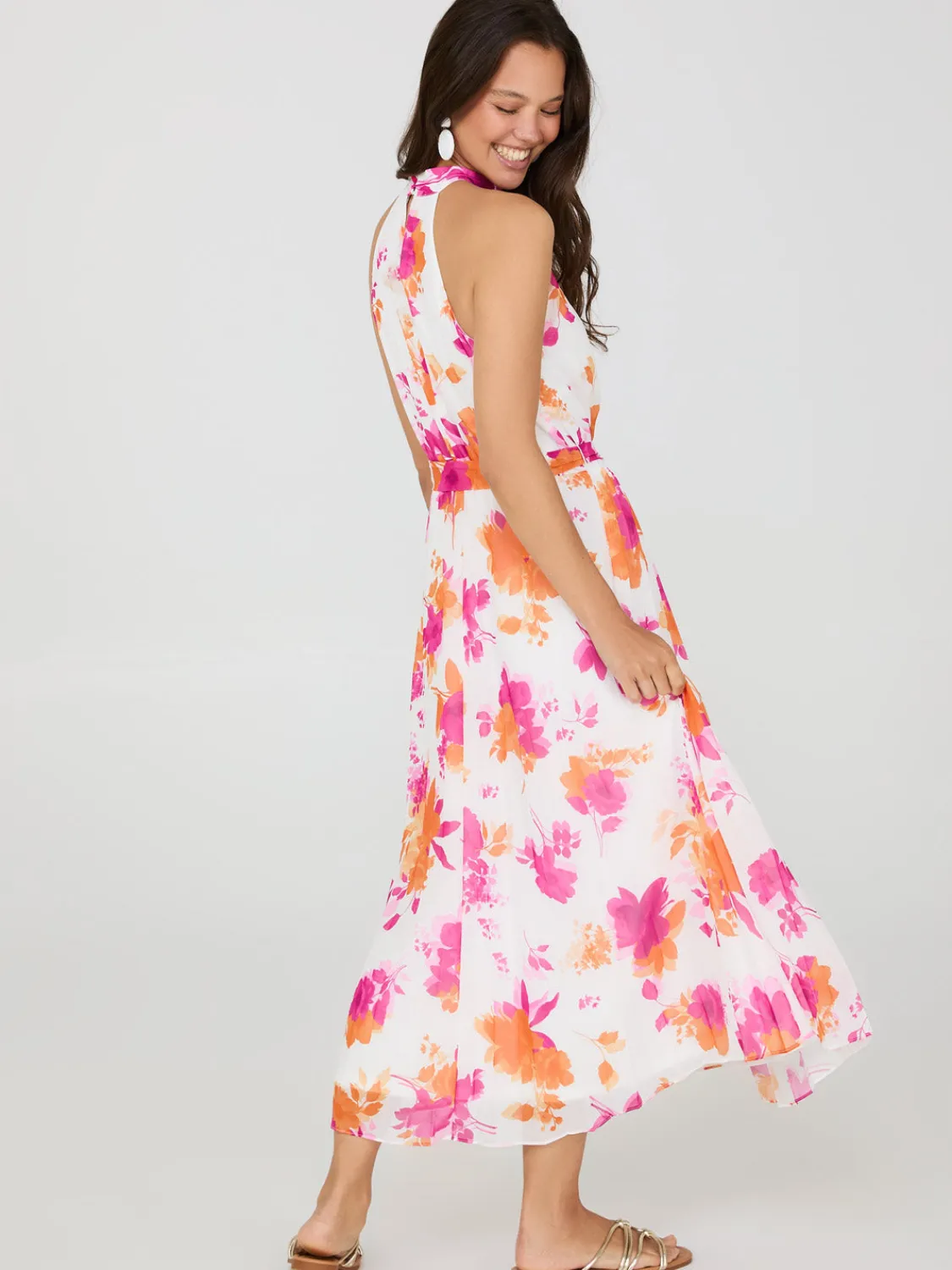Suzy Shier Casual Dresses|Midi & Maxi>Floral Print Halter Neck Chiffon Midi Dress