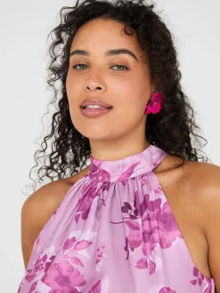 Suzy Shier Midi & Maxi>Floral Print Halter Neck Satin Maxi Dress