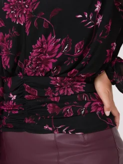 Suzy Shier Tops|Long Sleeve>Floral Print Mesh Top With Ruched Waistband