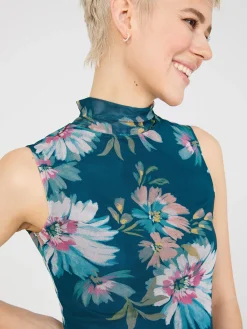 Suzy Shier Tops|Sleeveless>Floral Print Mock Neck Mesh Top