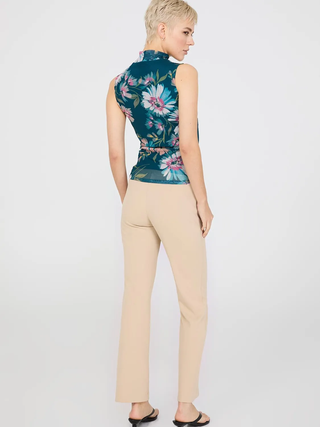 Suzy Shier Tops|Sleeveless>Floral Print Mock Neck Mesh Top