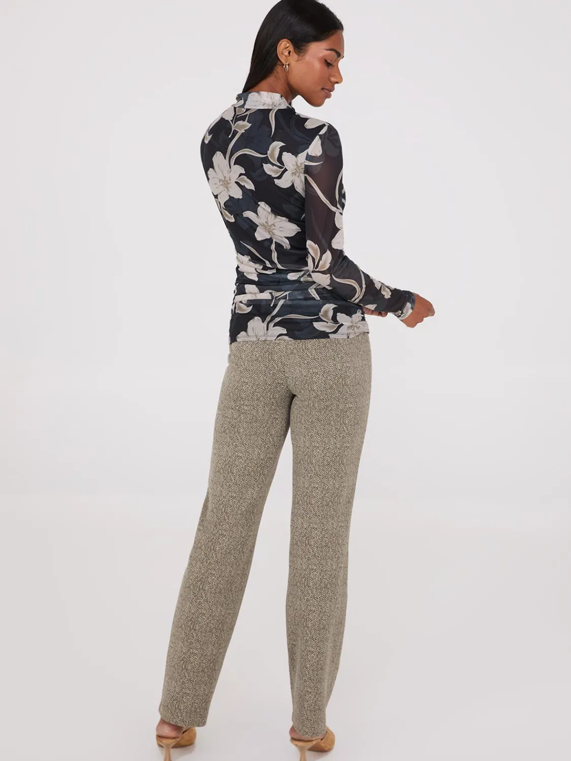 Suzy Shier Tops|Long Sleeve>Floral Print Mock Neck Mesh Top