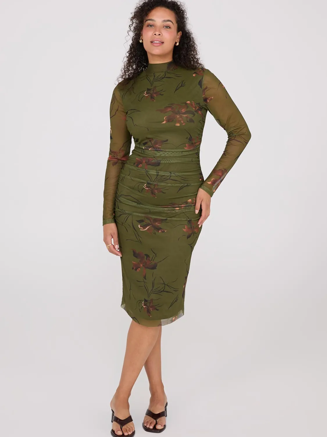 Suzy Shier Midi & Maxi|Party Dresses>Floral Print Mock Neck Mesh Dress