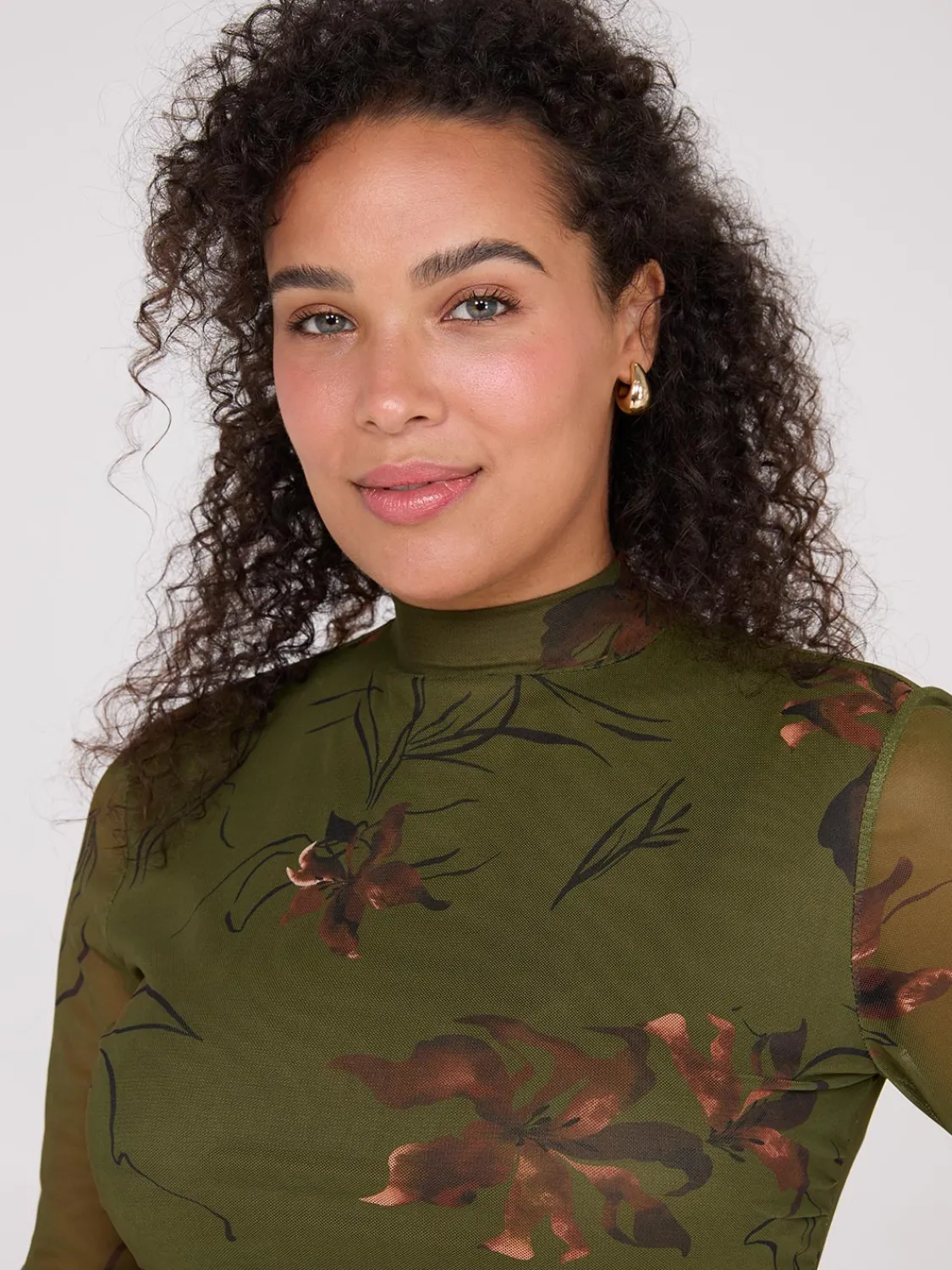 Suzy Shier Midi & Maxi|Party Dresses>Floral Print Mock Neck Mesh Dress