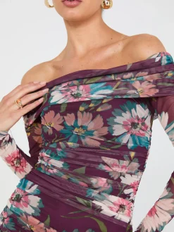 Suzy Shier Mini|Party Dresses>Floral Print Off-The-Shoulder Mesh Dress