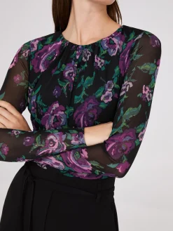 Suzy Shier Tops|Long Sleeve>Floral Print Ruched Mesh Top