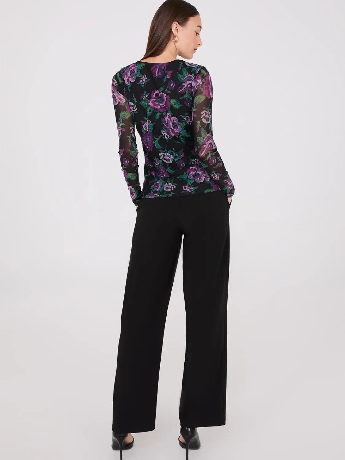 Suzy Shier Tops|Long Sleeve>Floral Print Ruched Mesh Top