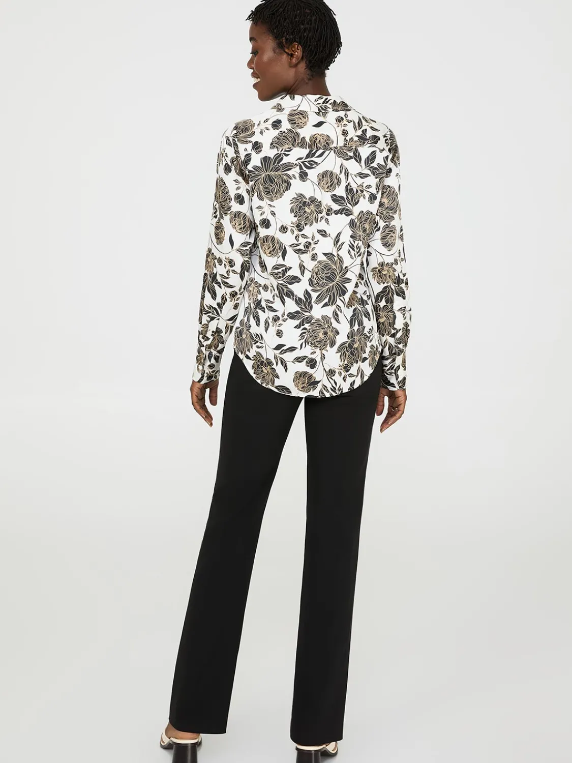 Suzy Shier Tops|Long Sleeve>Floral Print Satin Button-Front Blouse
