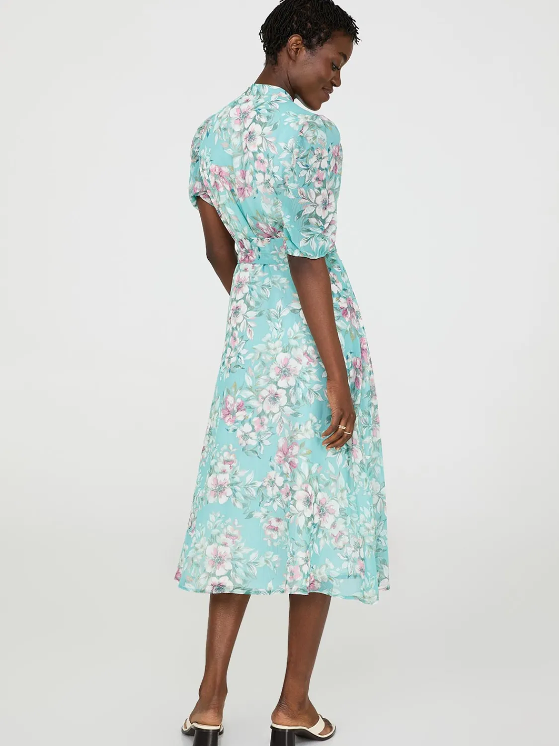 Suzy Shier Casual Dresses|Midi & Maxi>Floral Print Split Neck Dress With Balloon Sleeves