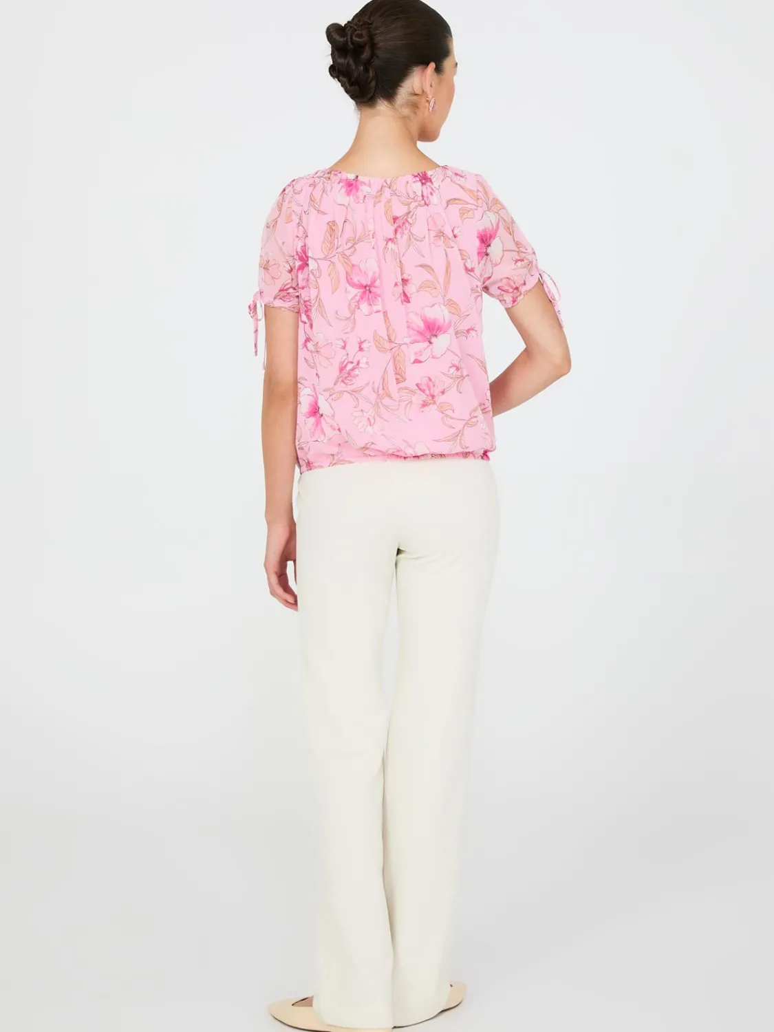 Suzy Shier Tops|Short Sleeve>Floral Print Tie-Sleeve Top