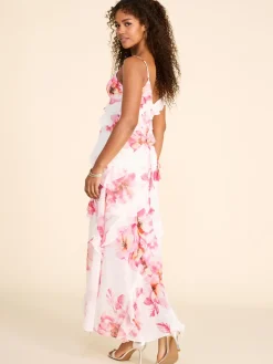Suzy Shier Evening Gowns - Le Château>Floral Print V-Neck Allover Ruffle Gown