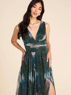 Suzy Shier Evening Gowns - Le Château>Floral Print V-Neck Metallic Crinkle Knit Gown