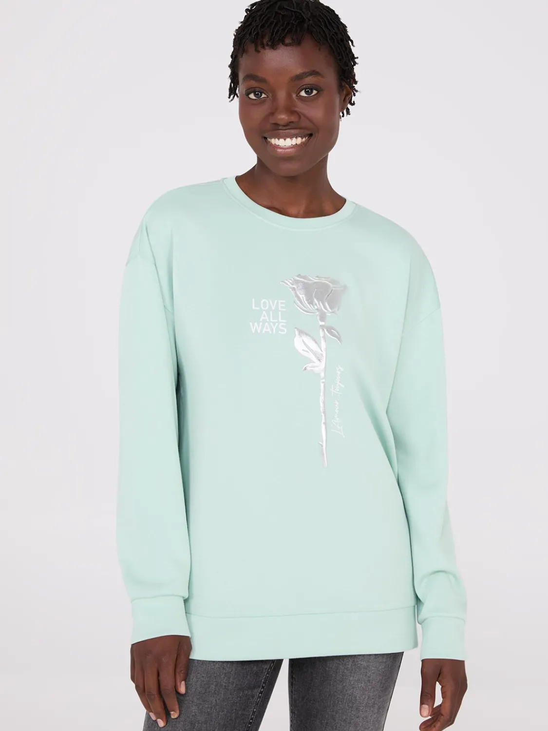 Suzy Shier Lounge & Pjs|Long Sleeve>Foil Flower Graphic Sweatshirt