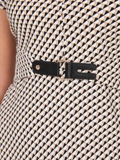 Suzy Shier Midi & Maxi>Geo Print Shawl Collar Belted Midi Dress