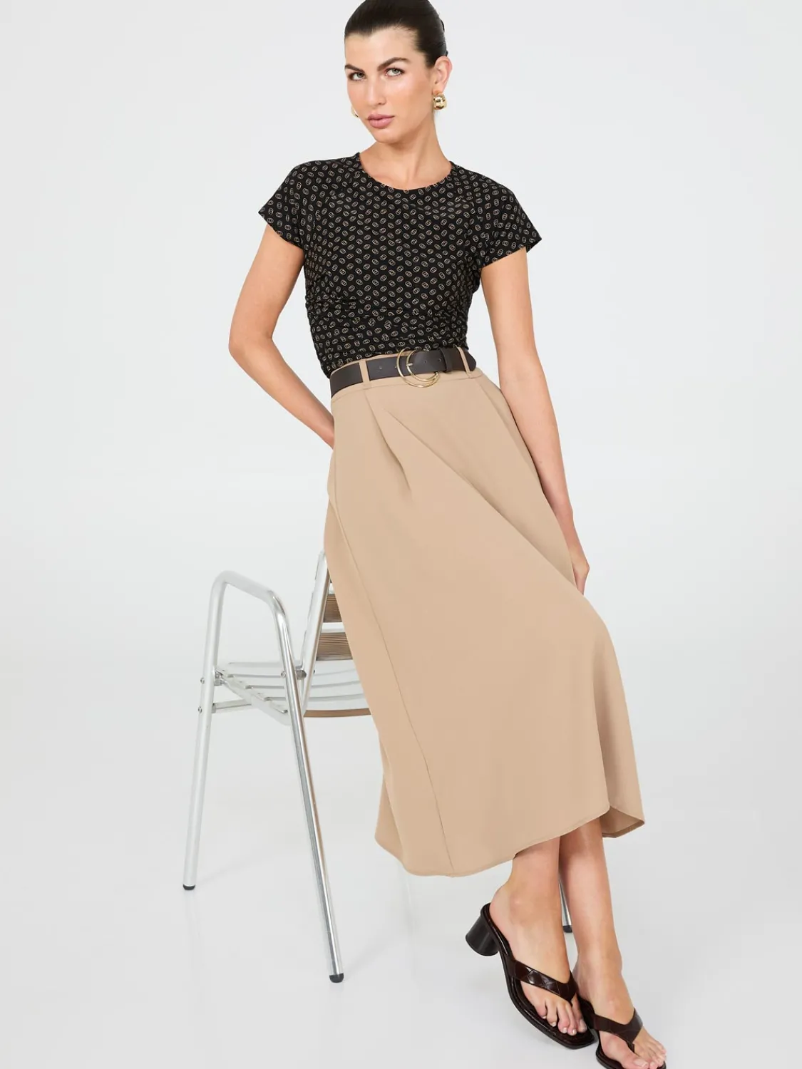Suzy Shier Tops|Short Sleeve>Geo Print Short Raglan Sleeve Top With Side Pleats