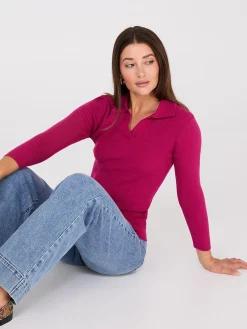 Suzy Shier Long Sleeve|Sweaters & Cardigans>Johnny Collar Ribbed Top