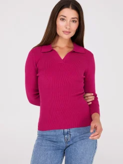 Suzy Shier Long Sleeve|Sweaters & Cardigans>Johnny Collar Ribbed Top
