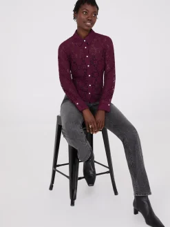 Suzy Shier Tops|Blouses>Lace Button-Front Fitted Blouse
