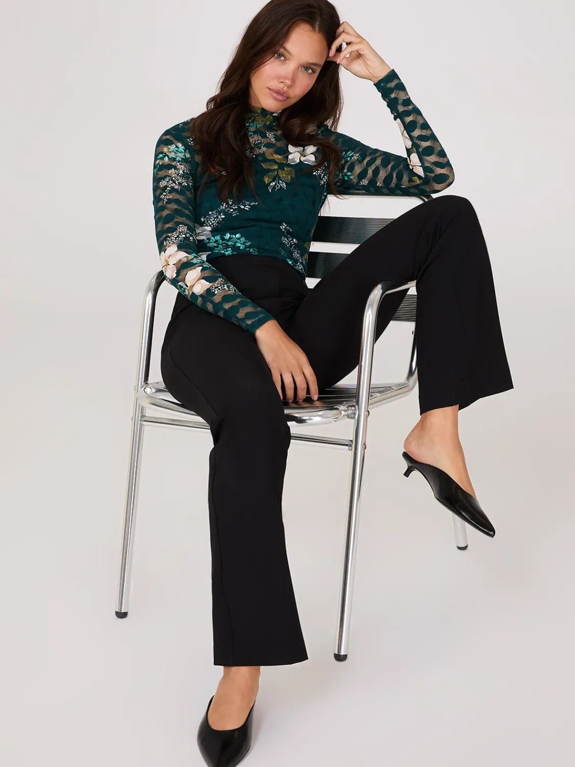 Suzy Shier Tops|Long Sleeve>Lace Floral Print Mock Neck Top