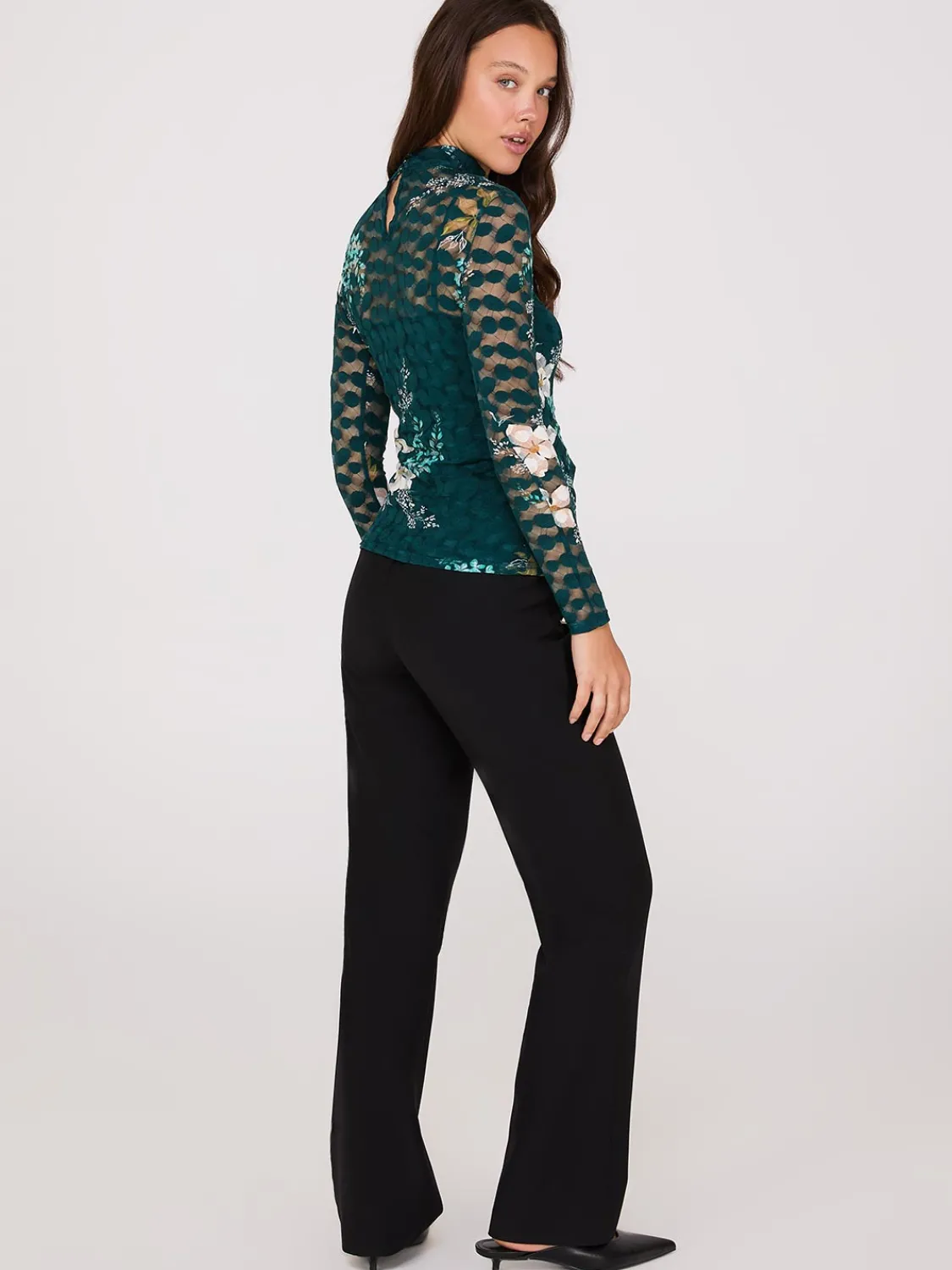 Suzy Shier Tops|Long Sleeve>Lace Floral Print Mock Neck Top