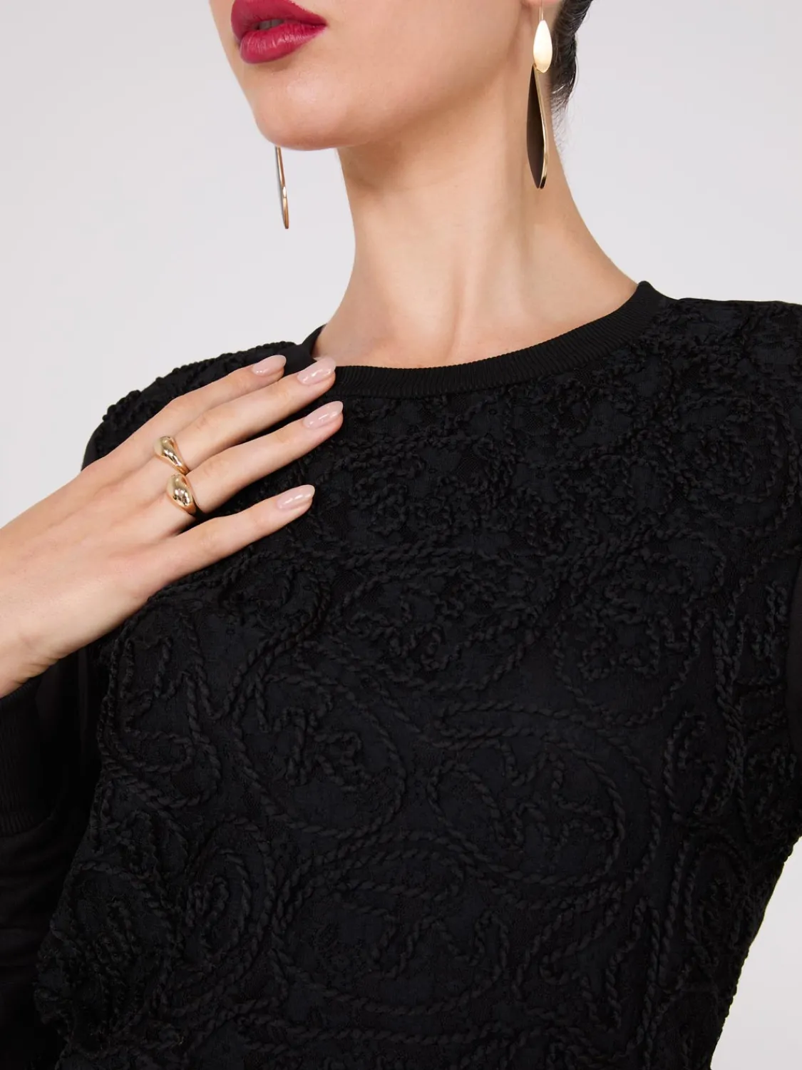 Suzy Shier Long Sleeve>Lace Front French Terry Top