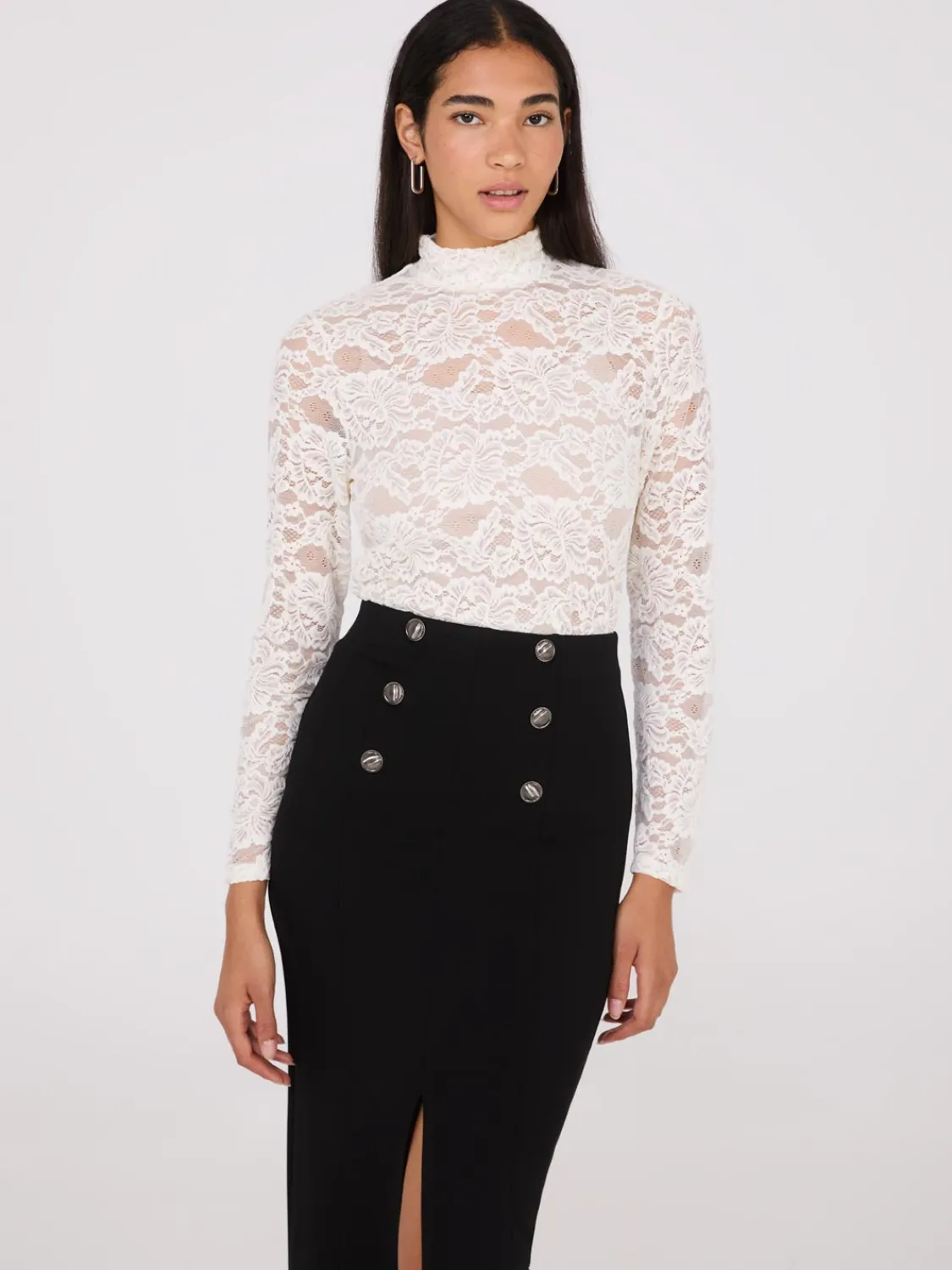 Suzy Shier Tops|Long Sleeve>Lace Mock Neck Top With Cami