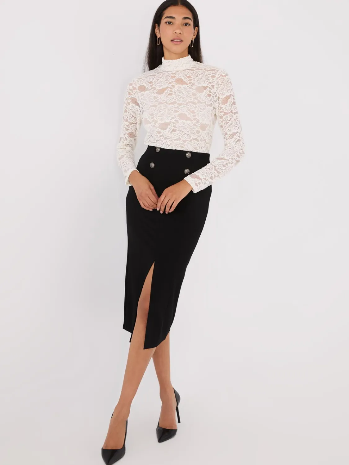 Suzy Shier Tops|Long Sleeve>Lace Mock Neck Top With Cami
