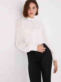 Suzy Shier Tops|Long Sleeve>Lace Sleeve Blouse With Mandarin Collar
