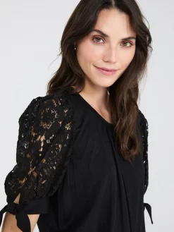 Suzy Shier Short Sleeve>Lace Tie Sleeve Pleated Top