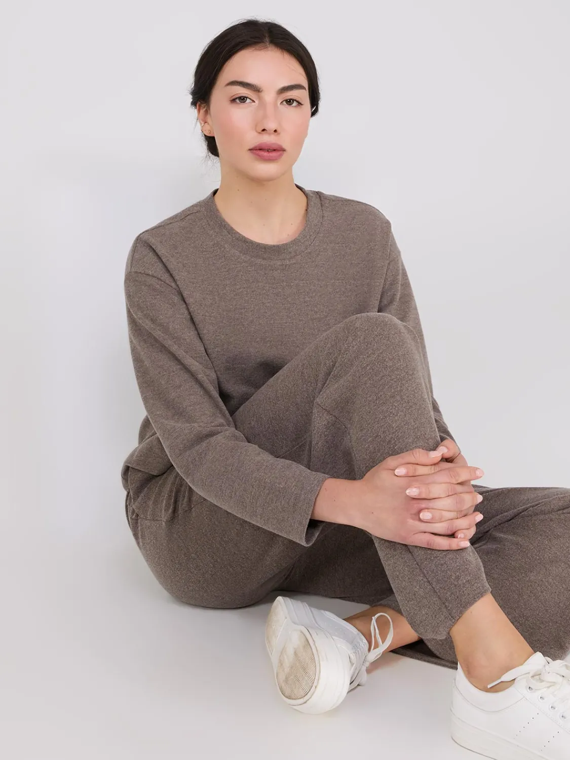 Suzy Shier Lounge & Pjs|Long Sleeve>Melange Brushed Ribbed Loose Sweatshirt